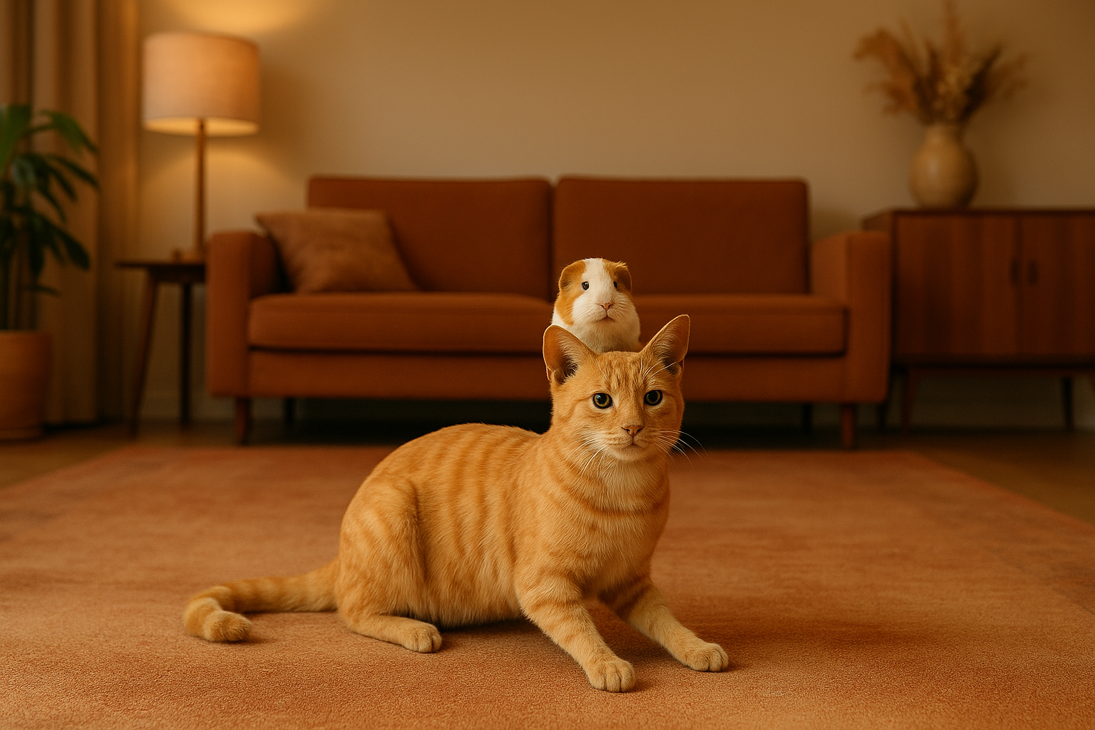 Ginger kat met cavia op tapijt - rememberme pets - huisdier prepareren - huisdier opzetten